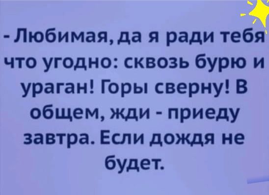 Любимаяда я ради тебіэт что угодно сквозь бурю и ураган Горы сверну В общем жди приеду завтра Если дождя не будет