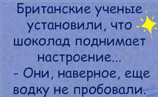 Британские ученые установили что шоколад поднимает настроение Они наверное еще водку не пробовали