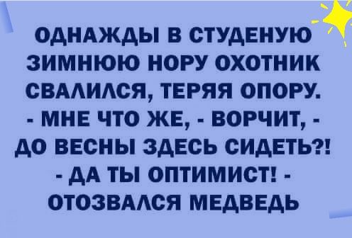 однджды в студеную зимнюю нору охотник свмидся теряя опору МНЕ что же ворчит до весны здесь сидвтьг дА ты оптимист отозвмся медведь