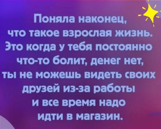 Поняла наконец что такое взрослая жизнь Это когда у тебя постоянно что то болит денег нет ты не можешь видеть своих друзей из за работы и все время надо идти в магазин