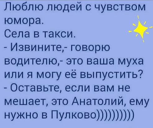 Люблю людей с чувством юмора _ _ Села в такси Извините говорю водителю это ваша муха или я могу её выпустить Оставьте если вам не мешает это Анатолий ему НУЖНО В ПУЛКОВО