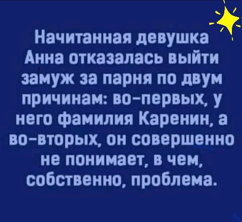 Начитанная девушка Анна отказалась выйти замуж за парня по двум причинам во первых у него фамилия Каренин а во вторых он совершенно не понимает в чем собственно проблема
