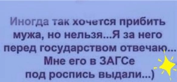 Иногда так хочется прибить мужа но нельзя за него перед государством отвечаю Мне его в ЗАГСе под роспись выдали