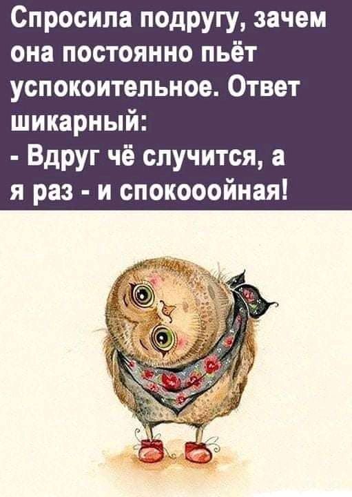 Спросила подругу зачем она постоянно пьёт успокоительное Ответ шикарный Вдруг чё случится а я раз и спокооойная