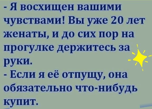 Я восхищен вашими чувствами Вы уже 20 лет женаты и до сих пор на прогулке держитесь за_ руки Если я её отпущу она обязательно что нибудь купит