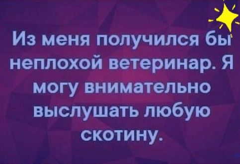Из меня пол чился 6 неплохойівеёеринар Я мог внима ельно выслушать любую СКОТИ НУ