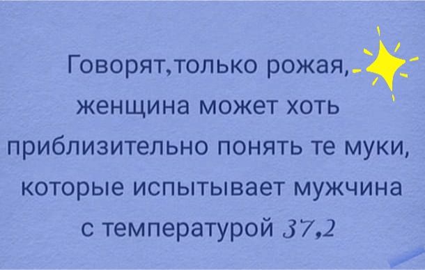 Говоряттолько рожая женщина может хоть приблизительно понять те муки которые испытывает мужчина с температурой 372