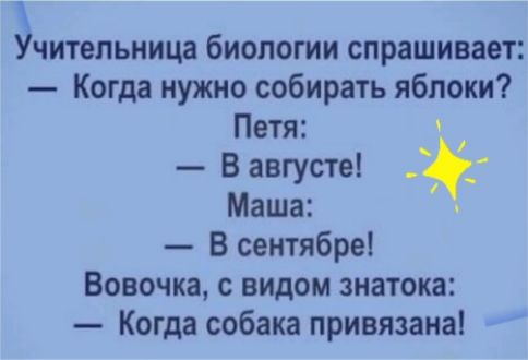 Учительница биологии спрашивает Когда нужно собирать яблоки Петя В августе Ёё Маша В сентябре Вовочка с видом знатока Когда собака привязана