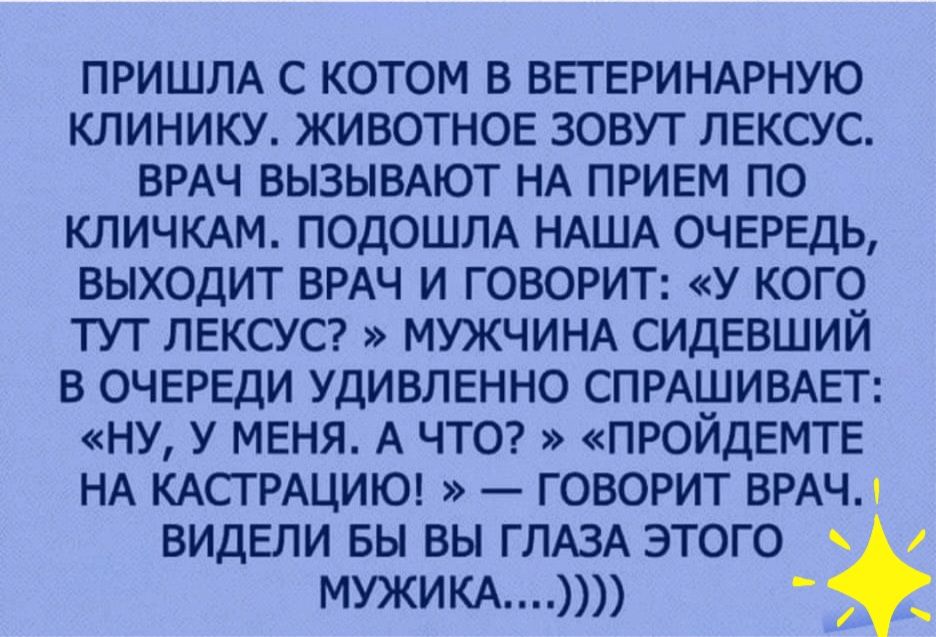 ПРИШЛА с котом в вегеримрную клинику животное зовут лексус ВРАЧ ВЫЗЫВАЮТ НА прием по кличмм ПОДОШЛА НАША очередь выходит ВРАЧ и говорит у кого тут ЛЕКСУС МУЖЧИНА сидевший в очереди удивленно СПРАШИВАЕТ ну у меня А ЧТО пройдемте НА КАСТРАЦИЮ говорит ВРАЧА видели вы вы ГЛАЗА этого к МУЖИКА _ _