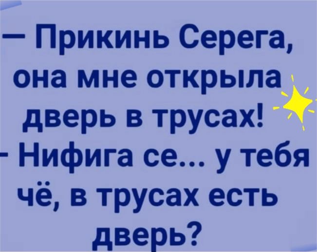 Прикинь Серега она мне открыла дверь в трусах _ Нифига се у тебя чё в трусах есть дверь