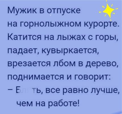 Мужик в отпуске на горнолыжном курорте Катится на лыжах с горы падает кувыркается врезается лбом в дерево поднимается и говорит Е ть все равно лучше чем на работе