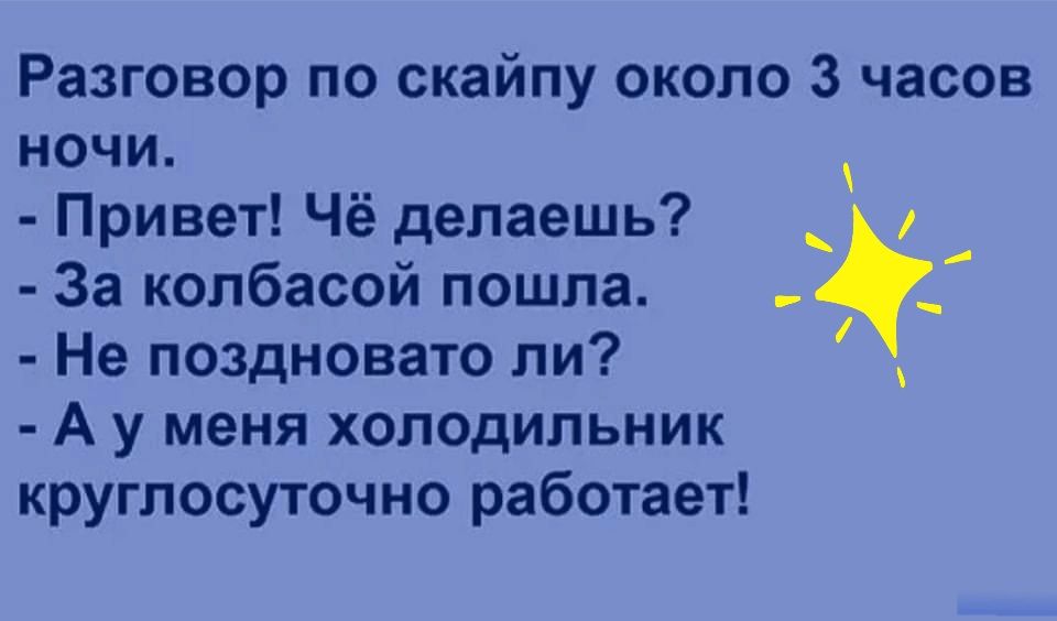 Разговор по скайпу около 3 часов ночи Привет Чё делаешь _ За колбасой пошла Не поздновато ли А у меня холодильник круглосуточно работает