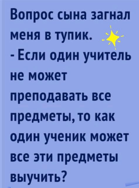 Вопрос сына загнал меня в тупик __ Если один учитель не может преподавать все предметыто как один ученик может все эти предметы выучить