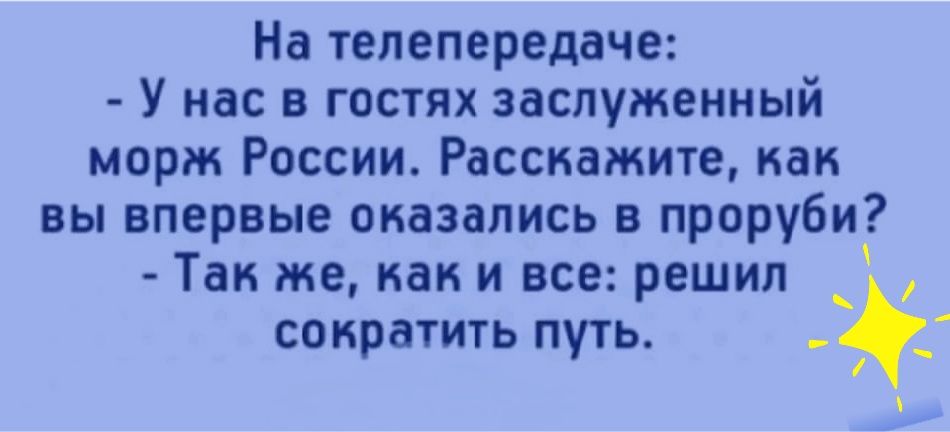 На телепередаче У нас в гостях заслуженный морж России Расскажите как вы впервые оказались в проруби Так же как и все решил _ сократить путь