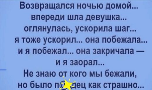 Возвращался ночью домой впереди шла девушка оглянулась ускорила шаг и тоже ускорил она побежала и я побежал она закричала и я заорал Не знаю от кого мы бежали но было пйдец как страшно