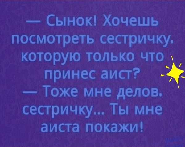 Сынок Хочешь посмотреть сестричку которую только что принес аист Тоже мне делов сестричку Ты мне аиста покажи