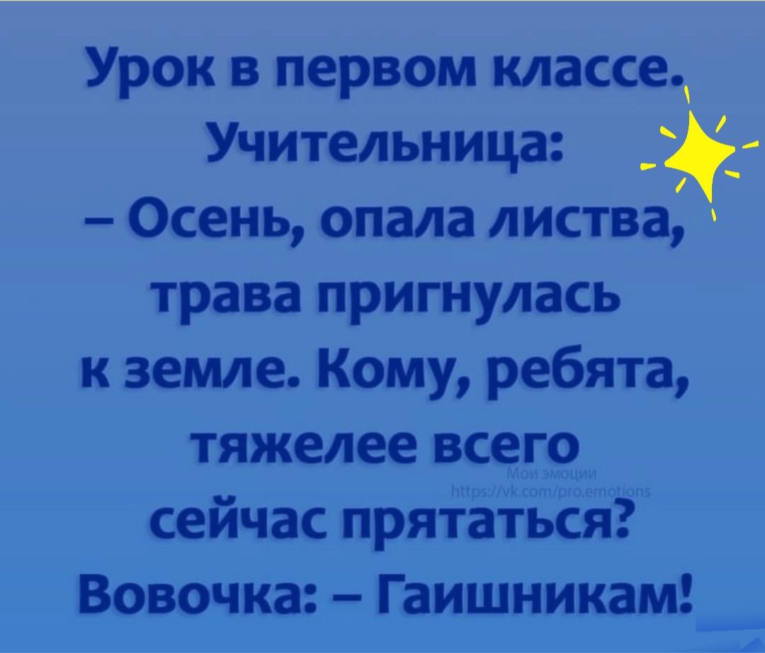 Урок в первом классе Учительница Осень опала листва трава пригнулась к земле Кому ребята тяжелее всего сейчас прятаться Вовочка Гаишникам