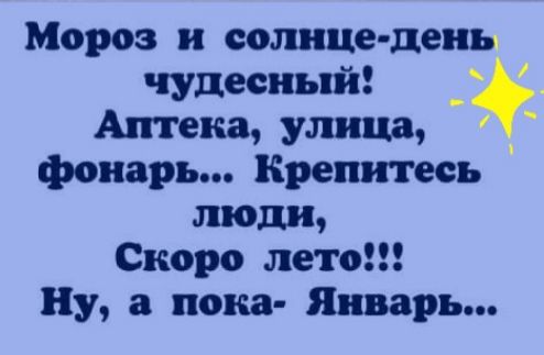 Мороз и солнце день чудесный Аптека улица фонарь Крепитесь люди Скоро лето Ну а пока Январь