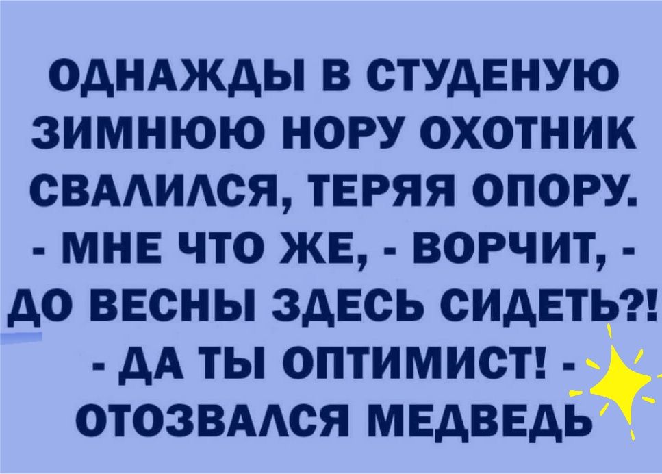 ОДНАЖДЫ в стУдЕную зимнюю нору охотник сВААИАся твряя опору мне что же ворчит до весны здесь сидеть дА ты оптимист отозвмся мвдввдь