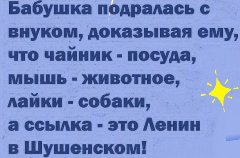 Бабушка подралась с внуком, доказывая ему, что чайник  посуда, мышь  животное,  лайки  собаки, '' а ссылка  это ленин в шушенском!