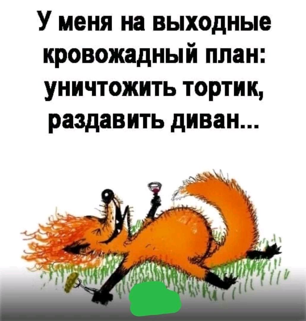 У меня на выходные кровожадный план: уничтожить тортик, раздавить диван...