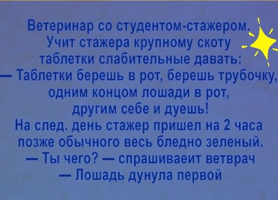 АТ 1 ветеринар со студентом стажером Учит стажера крупному скоту таблетки слабительные давать Таблетки берешь в рот берешь трубочку одним концом лошади в рот другим себе и дуешь На следдень стажер пришел на 2 часа позже обычного весь бледно зеленый Ты чего спрашиваеит ветврач Лошадь дунула первой