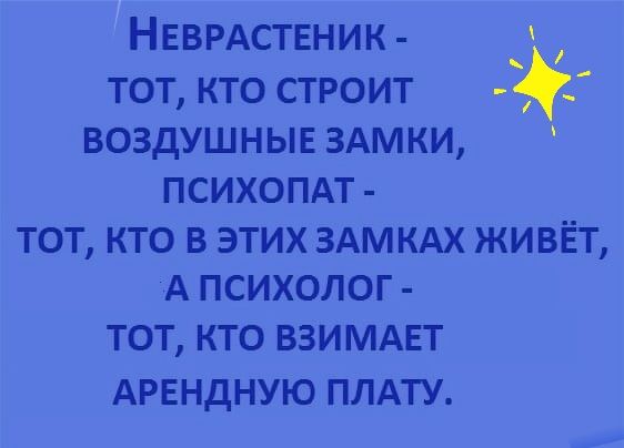 НЕВРАСТЕНИК я тот кто строит _ воздушныв ЗАМКИ психопдт ТОТ КТО В ЭТИХ ЗАМКАХ ЖИВЁТ А ПСИХОЛОГ ТОТ КТО ВЗИМАЕТ АРЕНДНУЮ ПЛАТУ
