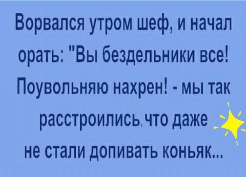 Ворвался утром шеф и начал орать Вы бездельники все Поувопьняю нахрен мы так расстроились что даже _ не стали допивать коньяк