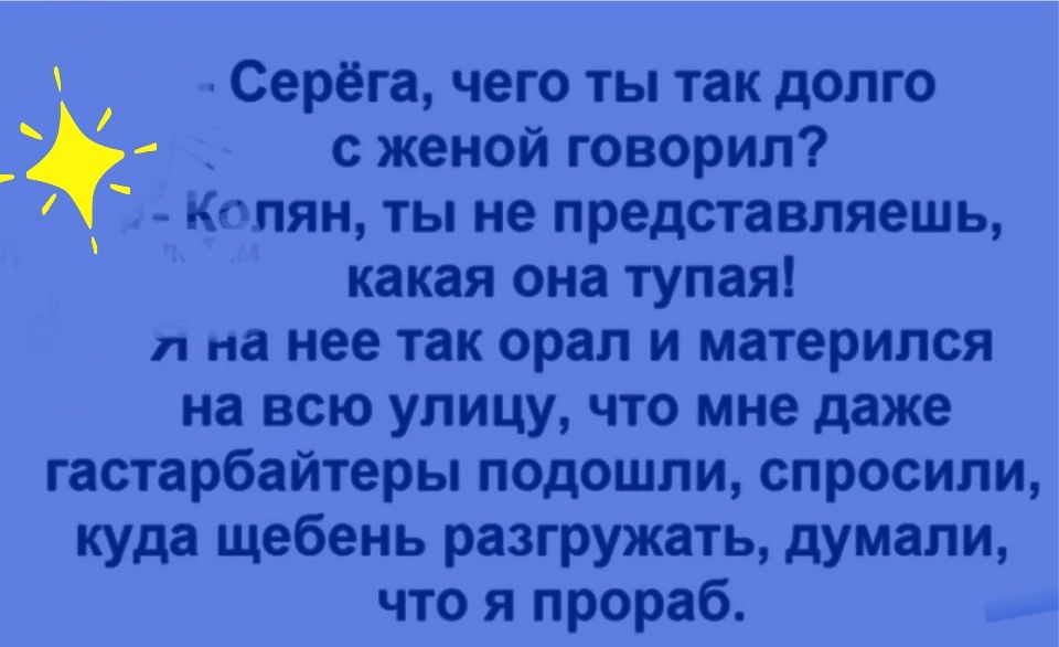 Серёга чего ты так долго с женой говорил Квинн ты не представляешь какая она тупая на нее так орал и материпся на всю улицу что мне даже гастарбайтеры подошли спросили куда щебень разгружать дУмали что я прораб
