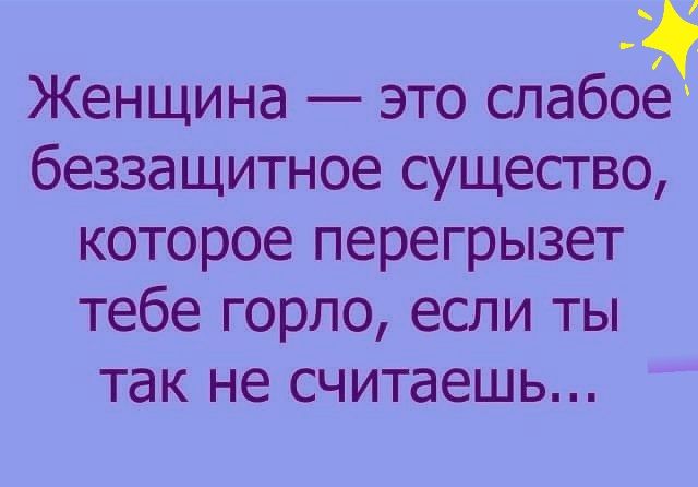 Женщина это слабое беззащитное сущесгво которое перегрызет тебе горло если ты так не считаешь