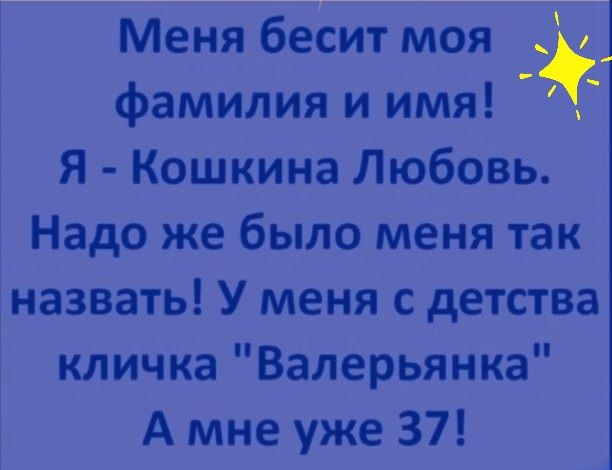 Меня бесит моя фамилия и имя Я Кошкина Любовь Надо же было меня так назвать У меня с детства кличка Валерьянка А мне уже 37