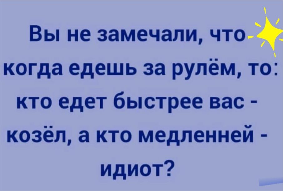 Вы не замечали что_ когда едешь за рулём тоЁ кто едет быстрее вас козёл а кто медленней идиот