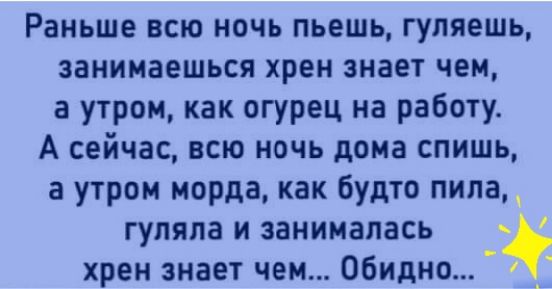 Раньше всю ночь пьешь гуляешь занимаешься хрен знает чем а утром как огурец на работу А сейчас всю ночь дома спишь а утром морда как будто пила гуляла и занималась хрен знает чем Обидно