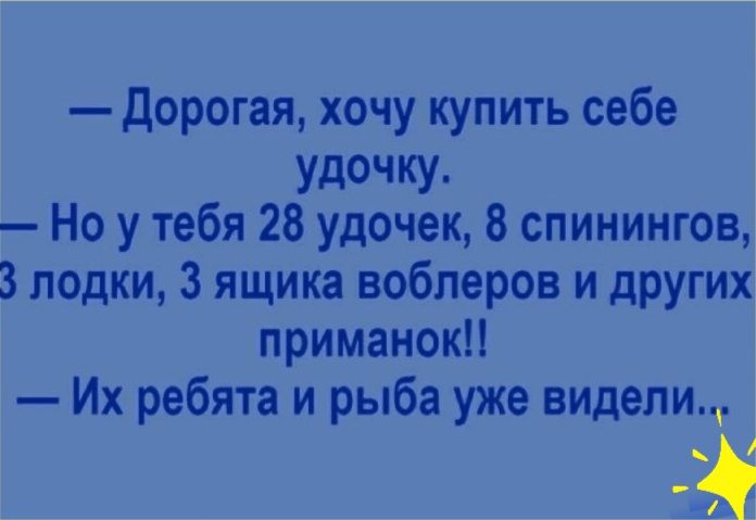 Дорогая хочу купить себе удочку Но у тебя 28 удочек 8 спинингов 3 лодки 3 ящика воблеров и других приманок Их ребята и рыба уже видели
