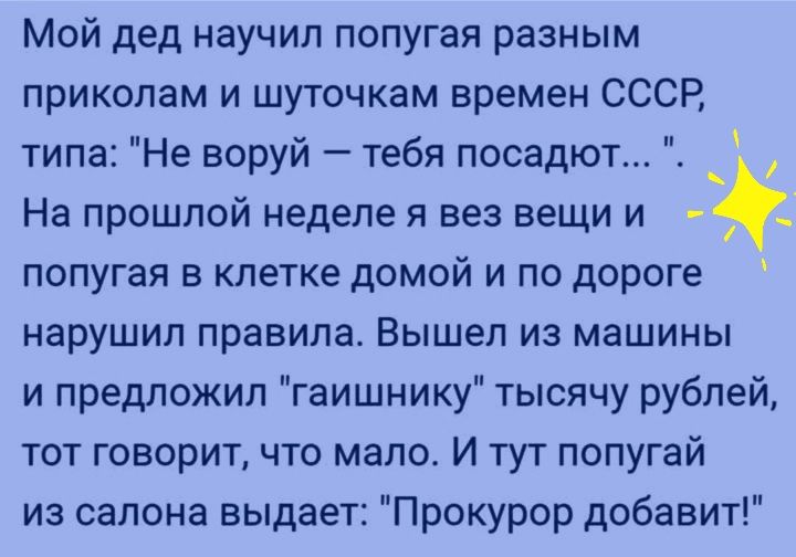 Мой дед научил попугая разным прикопам и шуточкам времен СССР типа Не воруй тебя посадют На прошлой неделе я вез вещи и попугая в клетке домой и по дороге нарушил правила Вышел из машины и предложил гаишнику тысячу рублей тот говорит что мало и тут попугай из салона выдает Прокурор добавит