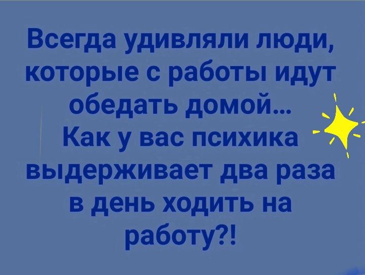 Всегда удивляли люди которые с работы идут обедать домой _ Как у вас психика выдерживает два раза в день ходить на работу