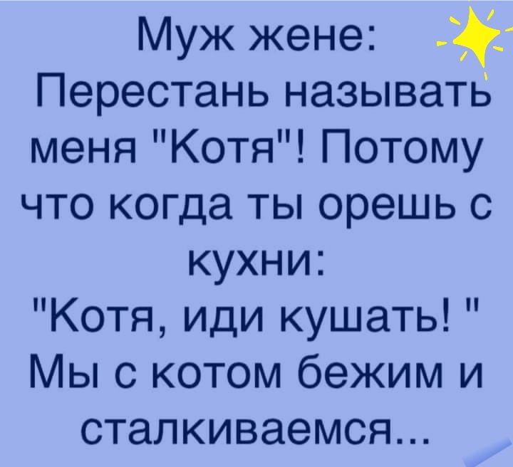 Муж жене Рё Перестань называть меня Котя Потому что когда ты орешь с кухни Котя иди кушать Мы с котом бежим и сталкиваемся