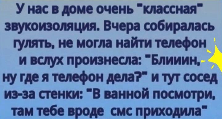 У нас в доме очень классная звукоизоляция Вчера собиралась гулять не могла найти телефон и вслух произнесла Блииин ну где я телефон дем и тут сосед иэ за стоит В ванной посмотри там тебе вроде смс приходила
