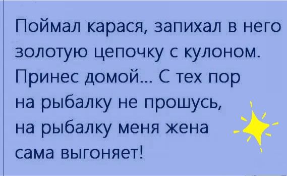 Поймал карася запихал в него золотую цепочку с кулоном Принес домой С тех пор на рыбалку не прошусь ц на рыбалку меня жена сама выгоняет