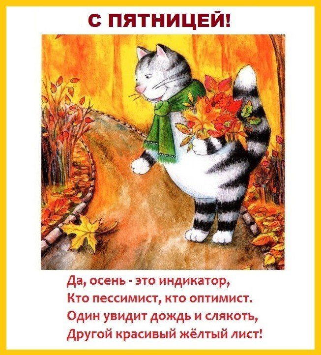 с ПЯТНИЦЕЙ іі _ Да осень это индикатор Кто пессимист то оптимист Один увидит дождь и слякоть другой красивый Жёлтый лист