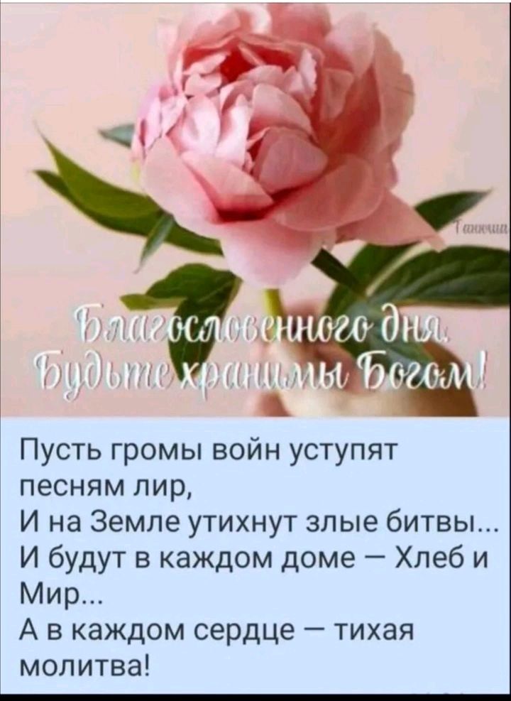 Пусть громы войн уступят песням пир И на Земле утихнут зпые битвы И будут в каждом доме Хлеб и Мир А в каждом сердце тихая молитва