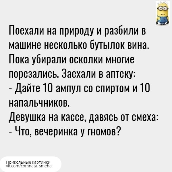 Поехали на природу и разбили в машине несколько Бутылок вина Пока убирали осколки многие порезалиоь Заехали в аптеку Дайте 10 ампул со спиртом и 10 напальчников Девушка на кассе давясь от смеха Что вечеринка у гномов п ъьтеке и о потпе