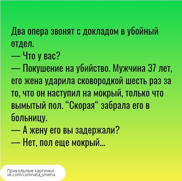Два опера звонят с докладом в убойный отдел Что у вас Покушение на убийство Мужчина 37 лет его жена ударила сковородкой шесть раз за то что он наступил на мокрый только что вымытый пол Скорая забрала ею в больницу А жену его вы задержали Нет пол еще мокрый