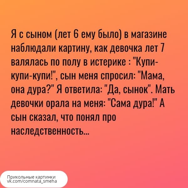 Я с сыном лет В ему было в магазине наблюдали картину как девочка лет 7 валялась по полу в истерике Купи купи купи сын меня спросил Мама она дура Я ответила Да сынок Мать девочки орала на меня Сама дура А сын сказал что понял про наследственность