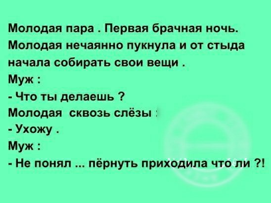 Молодая пара Первая брачная ночь Молодая нечаянно пукнула и от стыда начала собирать свои вещи Муж Что ты делаешь Молодая сквозь слёзы Ухожу Муж Не понял пёрнуть приходила что ли