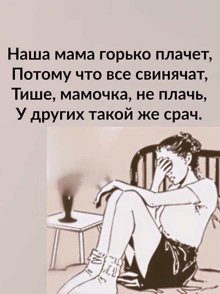 Наша мама горько плачет Потому что все свинячат Тише мамочка не плачь У других такой же срач