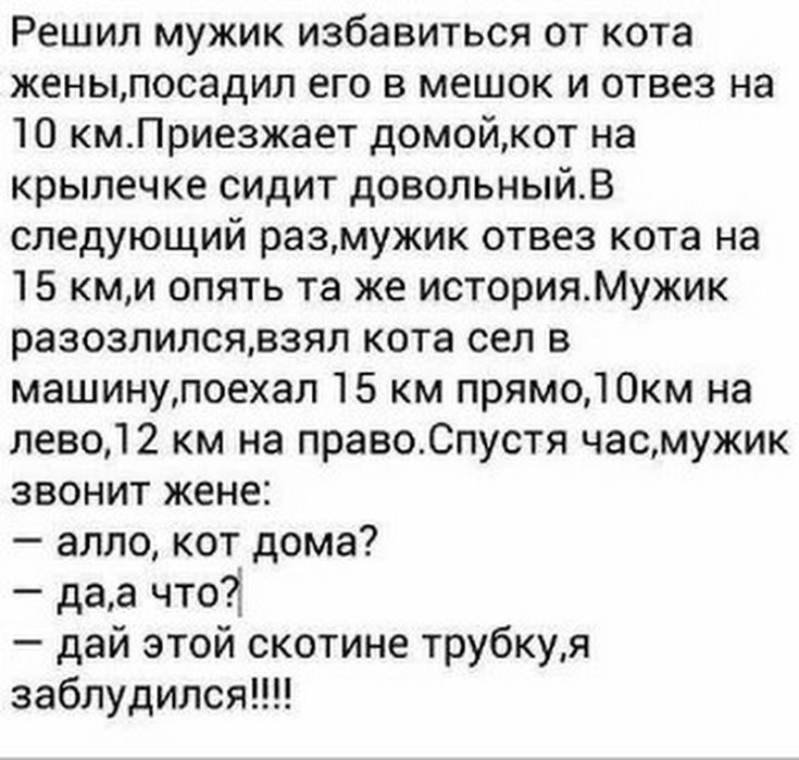 Решил мужик избавиться от кота женыпосадил его в мешок и отвез на 10 кмПриезжает домойкот на крылечке сидит довольныйВ следующий размужик отвез кота на 15 кми опять та же историяМужик разозлилсявзял кота сел в машинупоехал 15 км прямодОкм на лево 2 км на правоСпустя часмужик звонит жене алло кот дома даа что дай этой скотине трубкуя заблудился