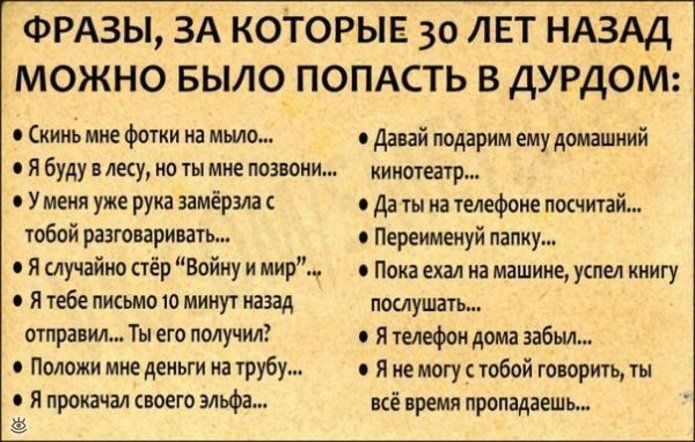 ФРАЗЫ ЗА коТорыв 30 лет НАЗАД можно Было попмть в ДУРДОМ Скинь мне фотки на мыло Я буду в лесу но ты мне позвони У меня уже рука эамёрзла тобой разговаривать с Я случайно стёр Войну и мир с Я тебе письмо 10 минут назад отправил Ты его получил Положи мне деньги на трубу Я прокачал своего эльфа ё Давай подарим ему домашний кинотеатр Да ты на телефоне пмчитай Переименуй папку Пока ехал на машине успе