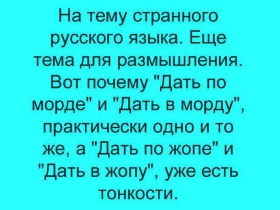 На тему странного русского язЫка Еще тема для разМышлений Вотпочему Дать по морде и дать в морду практически одно и то Же а Дать пб жОпе и Дать в жопу уже еСть тонкости