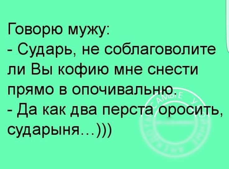 Говорю мужу Сударь не собпаговопите ли Вы кофию мне снести прямо в опочивальню Да как два перста оросить сударыня
